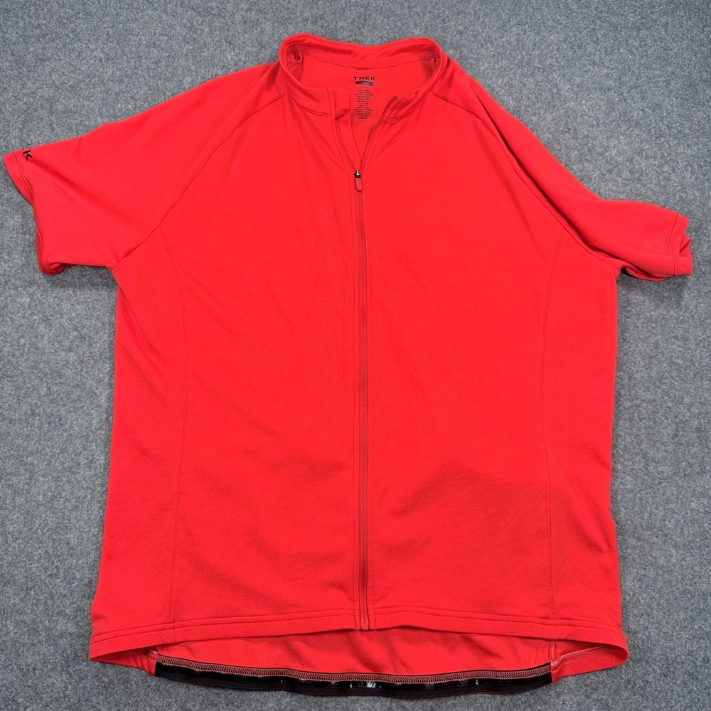 Trek Mens XL Red Full Zip Short Sleeve Cycling Jersey Back Pockets Reflective